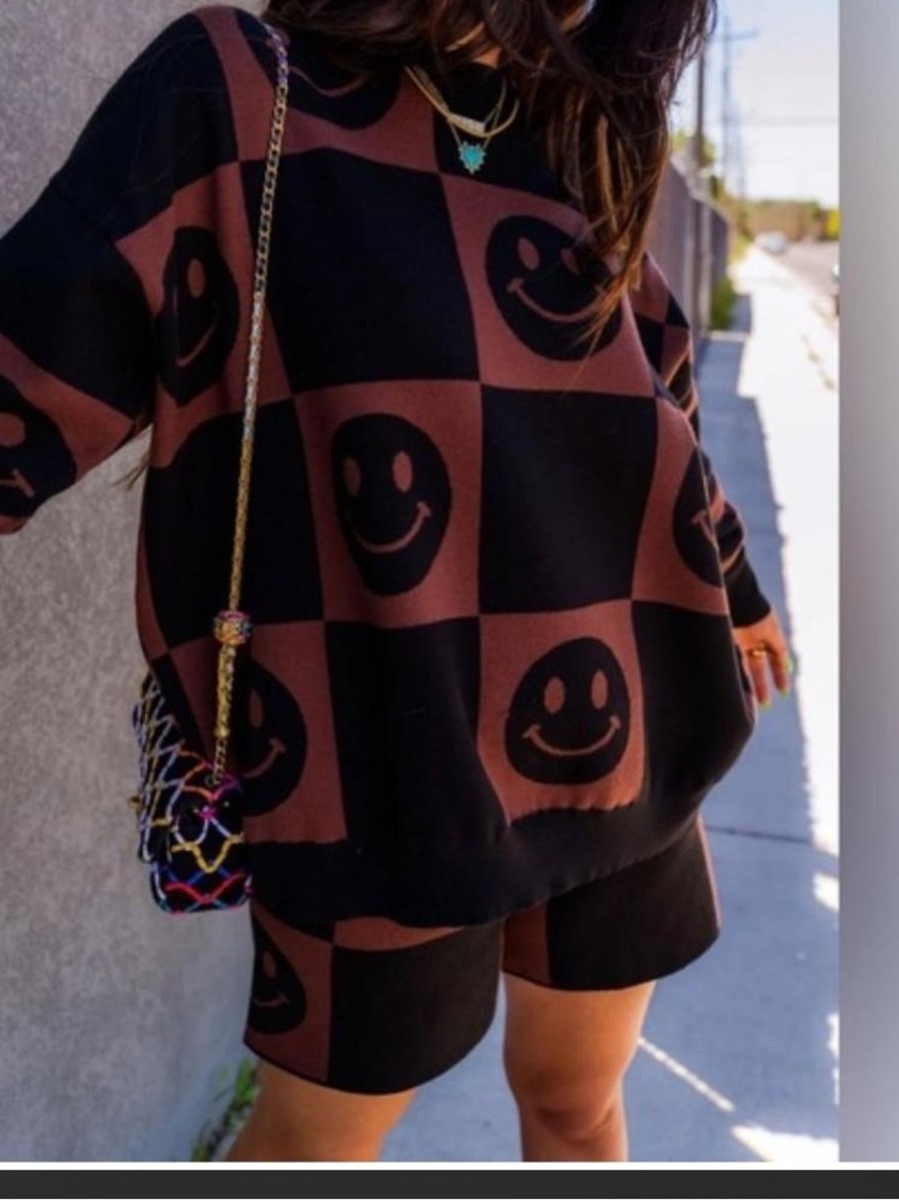Dressed In LaLa Good Time Girl Black & Brown Checkerboard Smiley Knit Set